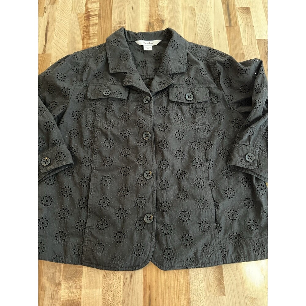 Tanjay 3/4 Sleeve Collared Blazer Jacket 100% Cotton Eyelet Lace Black 14